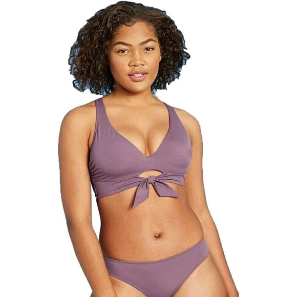 Shade & Shore Bikini Top Womens Dark Mauve 32B Tie-Front Strappy Beach New - Picture 1 of 2